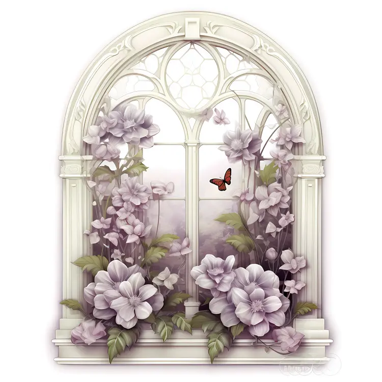 Floral Window with Butterfly