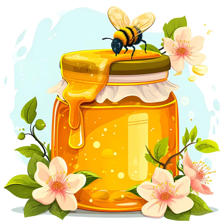 Honey Jar with Bees and Flowers
