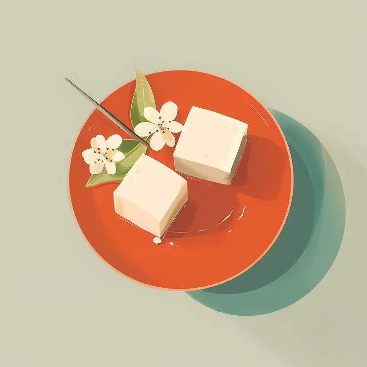 Two Tofu Cubes on Red Plate with Flower
