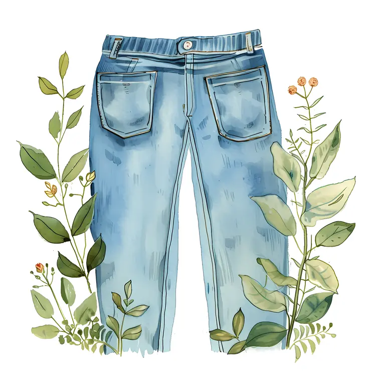 Back Pocket Jeans with Leaves Illustration