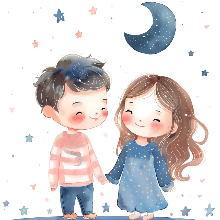 Cute Boy and Girl Holding Hands Under the Moon