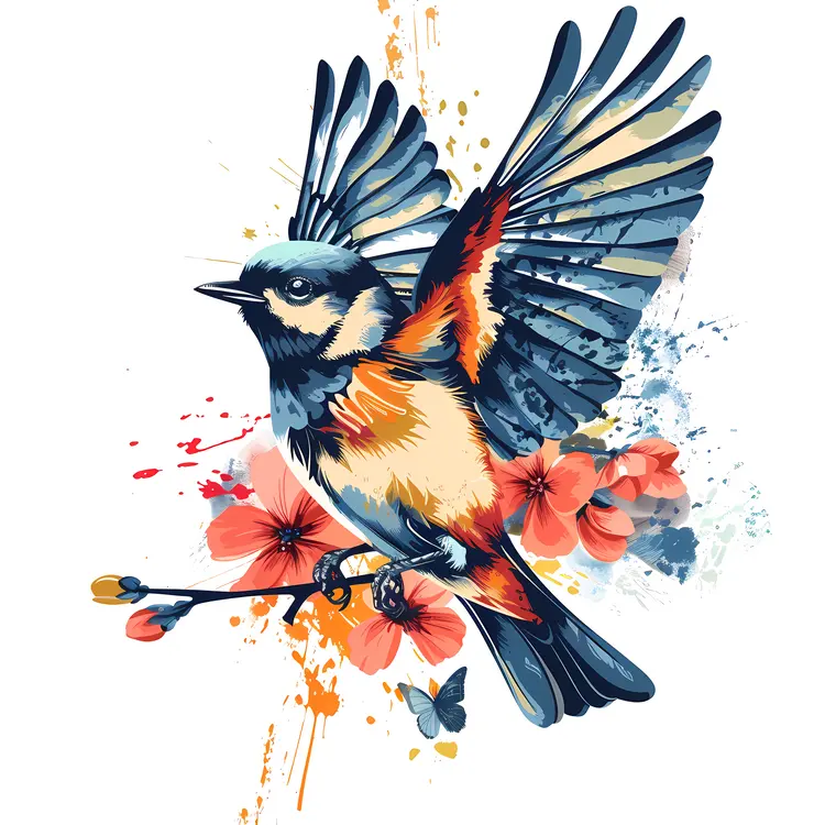 Flying Bird with Colorful Flowers