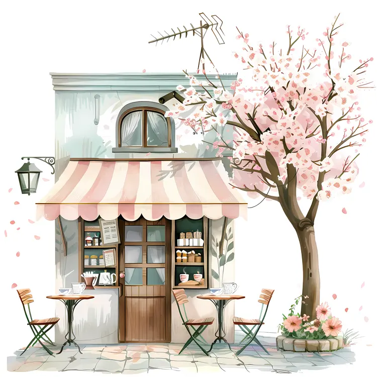 Charming Small Cafe with Blossoming Tree