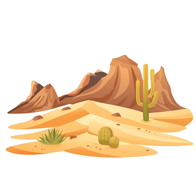 Desert Landscape with Cactus and Mountains