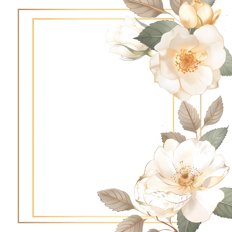 Elegant White Flowers with Gold Border Frame