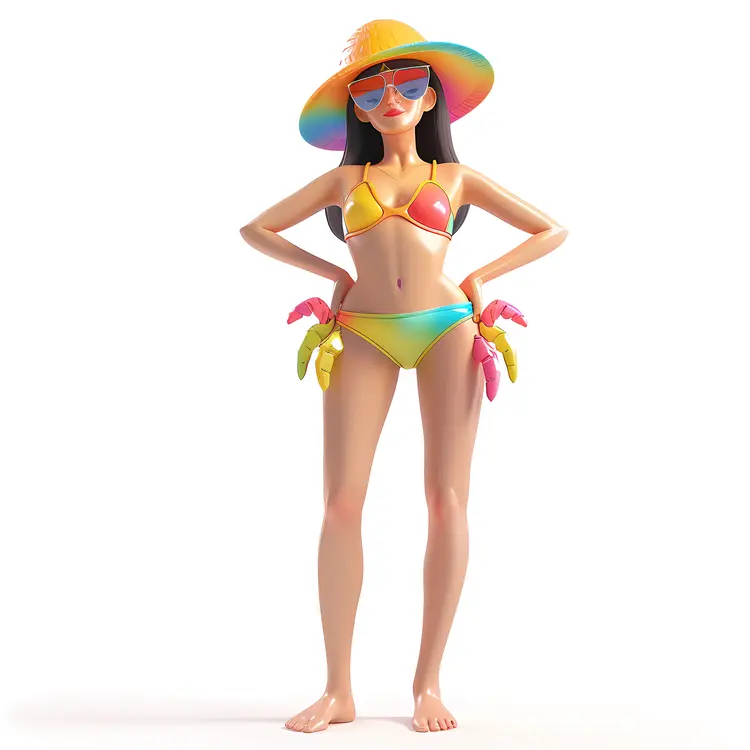 Woman in Colorful Bikini with Hat