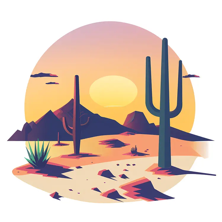 Colorful Desert Landscape with Cactus and Sun