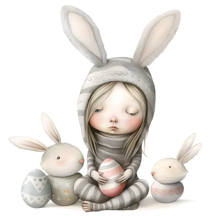 Girl with Bunny and Eggs Illustration