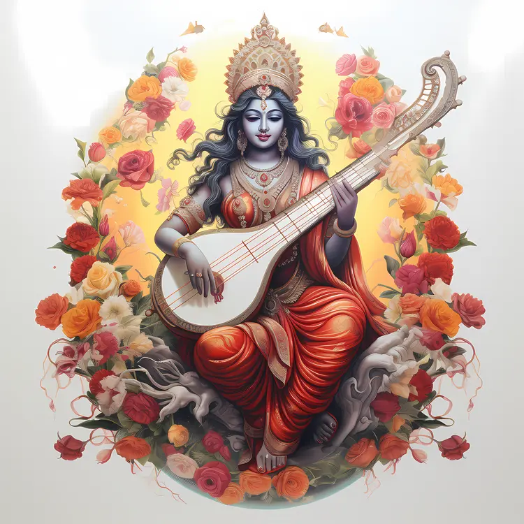 Divine Goddess Playing Veena with Flowers