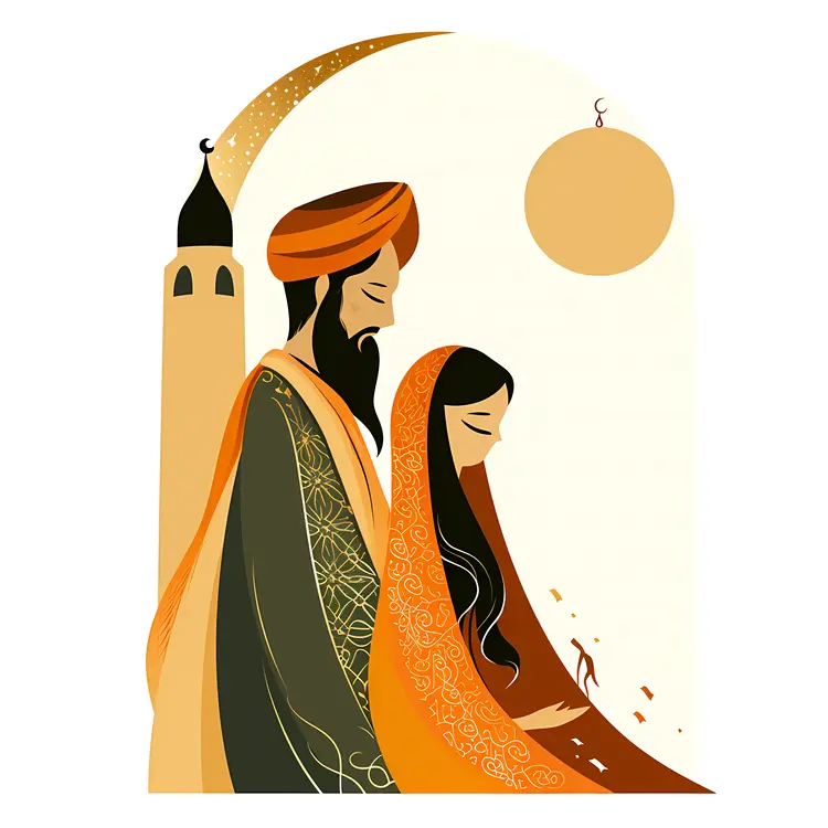 Couple in Traditional Attire with Moon and Tower