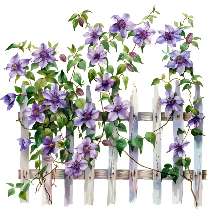 Purple Flowers Climbing a White Fence