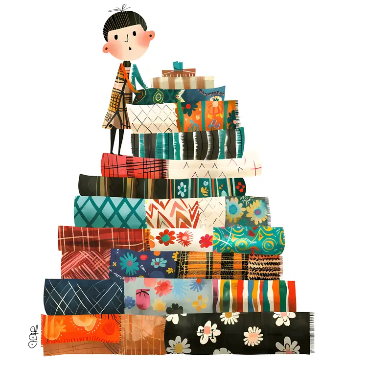 Boy with a Stack of Colorful Fabrics