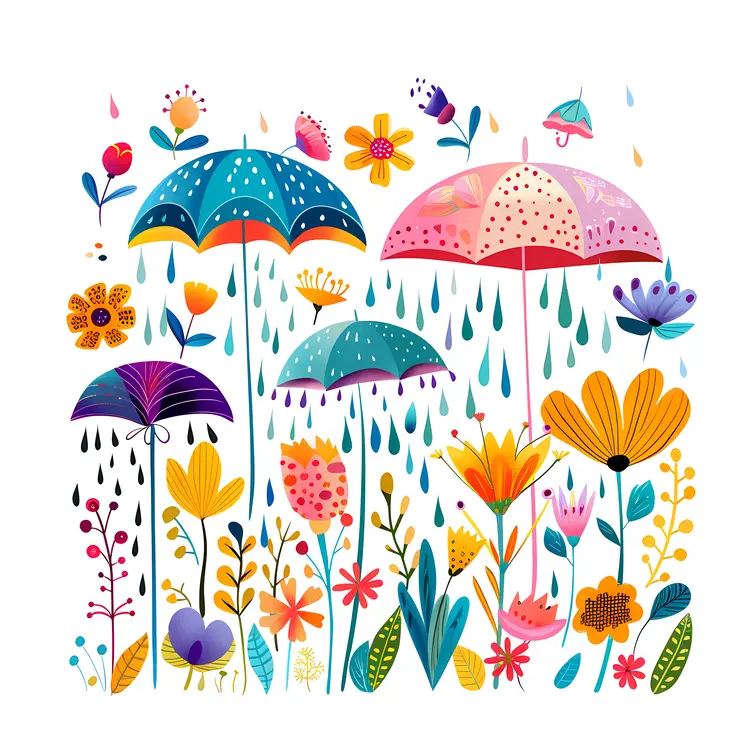 Colorful Umbrellas and Flowers in the Rain