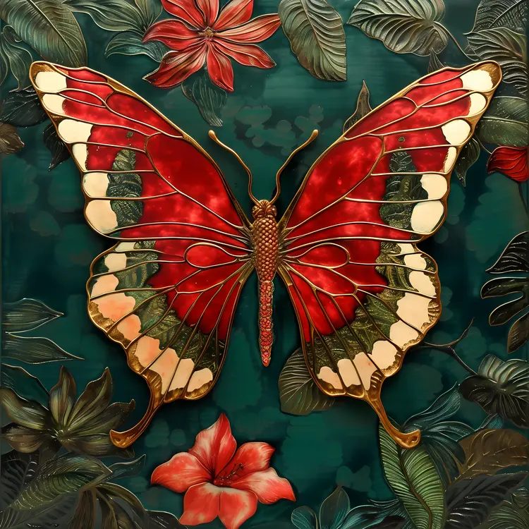 Red Butterfly with Floral and Leaf Design