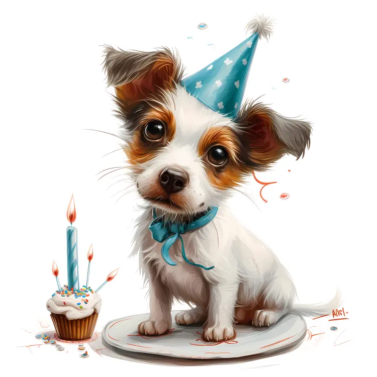Cute Dog with Party Hat Celebrating Birthday