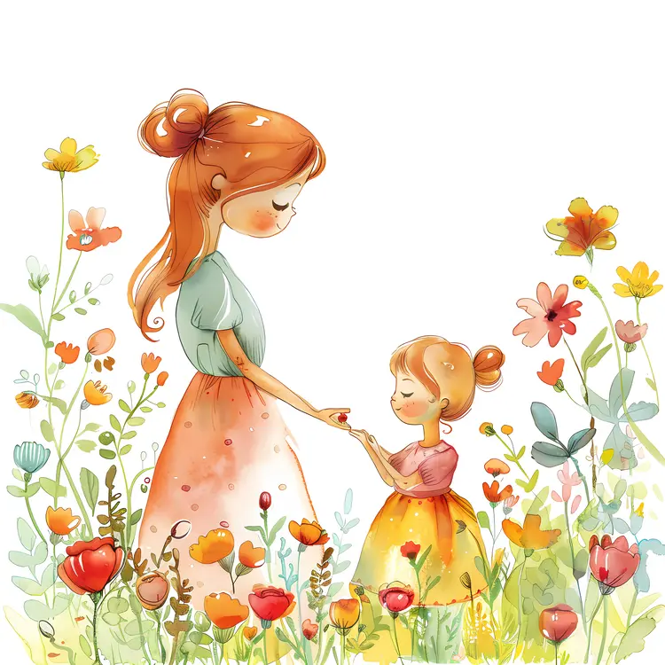 Mother and Daughter in a Flower Field