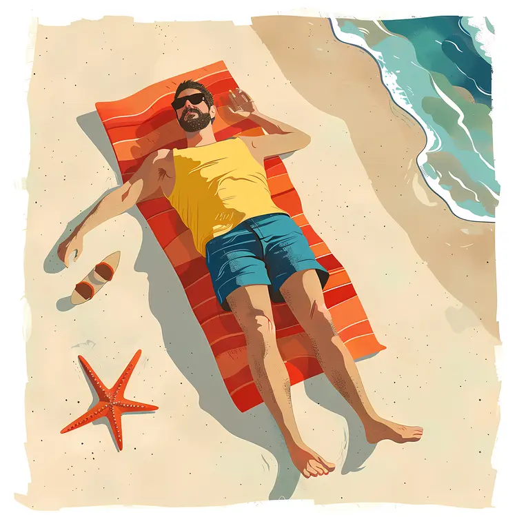 Man Sunbathing on Beach with Towel