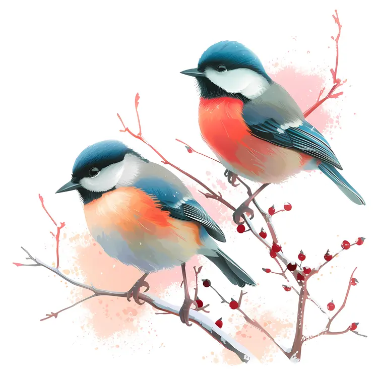 Two Birds on a Branch with Berries