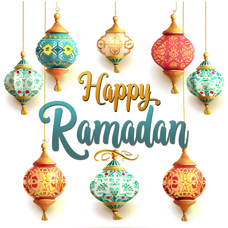 Happy Ramadan Text with Colorful Lanterns