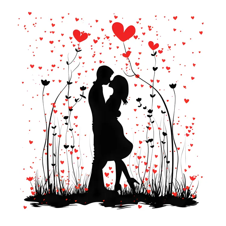 Silhouette Couple in Love with Hearts
