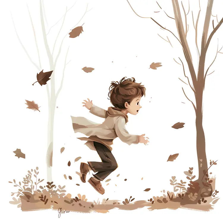 Child Running with Falling Leaves