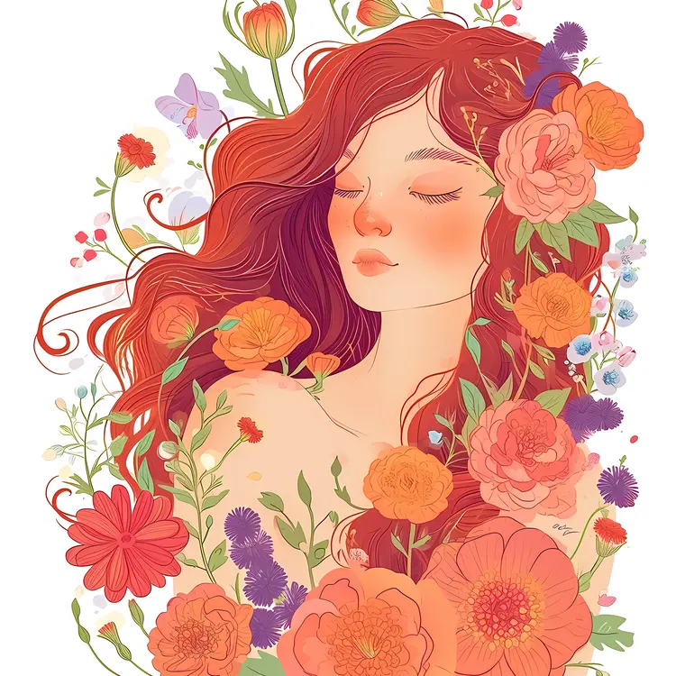 Red Flowers and Woman Illustration