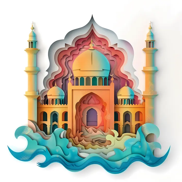 Colorful Mosque with Waves and Minarets