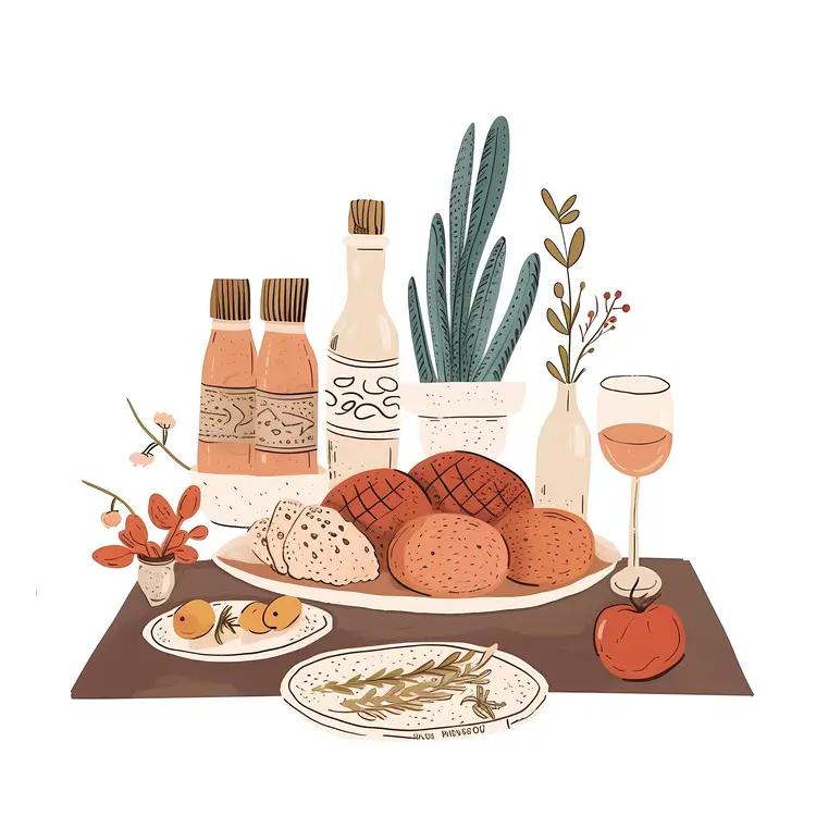 Bread and Wine with Bottles and Plants