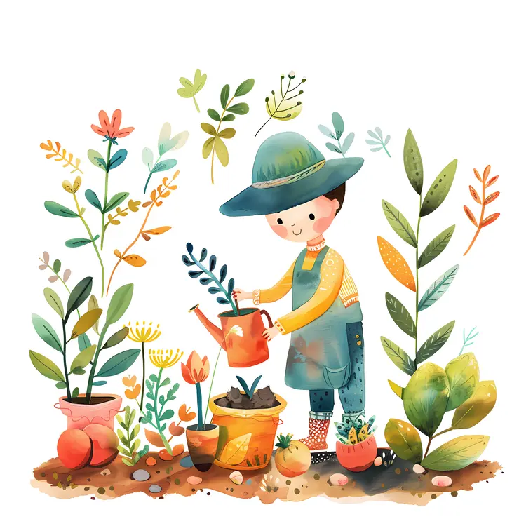 Boy Gardening with Watering Can