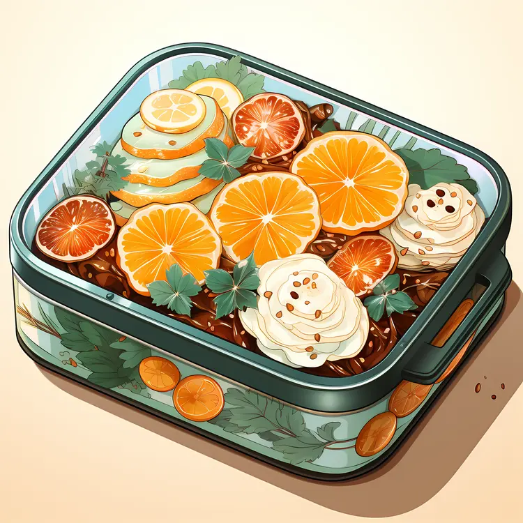 Decorative Food Box with Oranges and Dessert