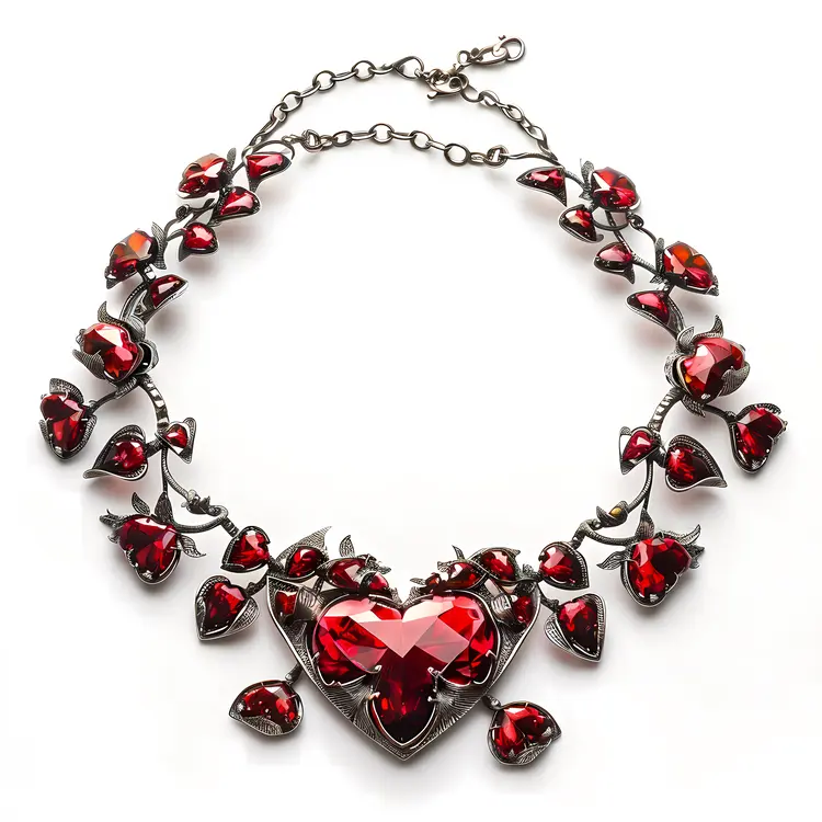 Ornate Black Necklace with Red Heart-shaped Gems