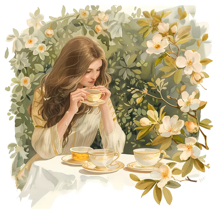Woman Enjoying Tea in a Flower Garden