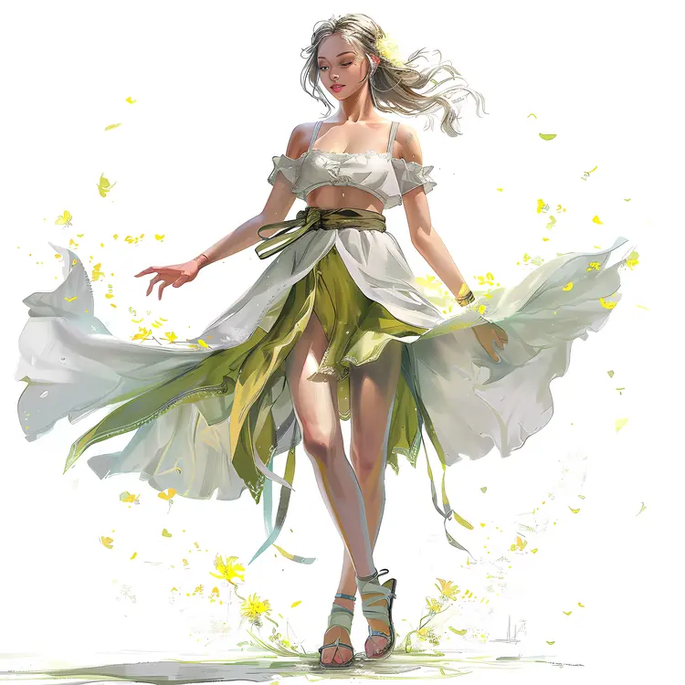 Elegant Woman in White and Green Dress