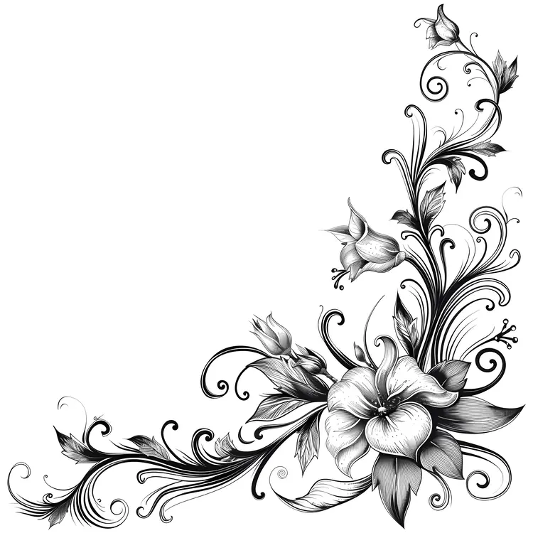 Black and White Floral Design with Flowers and Leaves