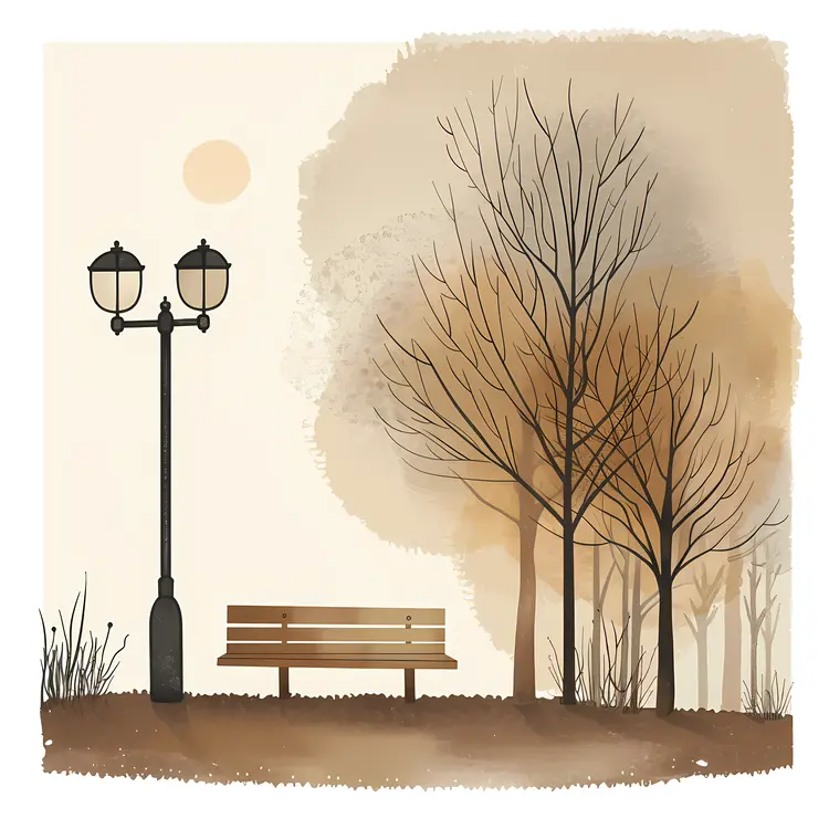 Serene Park Bench with Lamp Post and Bare Trees
