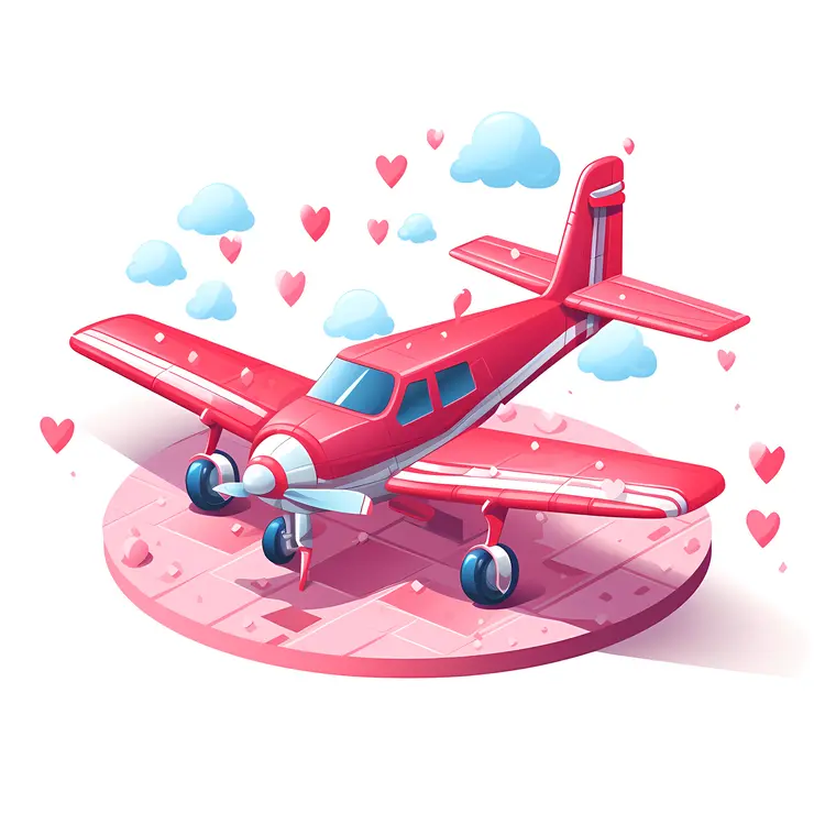 Red Airplane with Hearts and Clouds