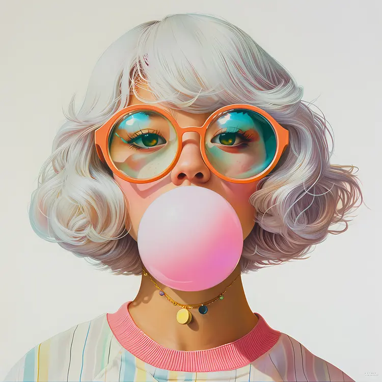 White-haired Girl with Glasses Blowing Bubblegum