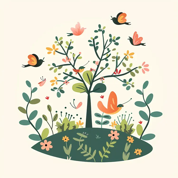 Tree with Butterflies and Flowers