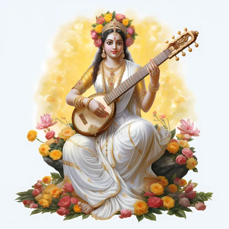 Divine Goddess Playing Veena with Flowers