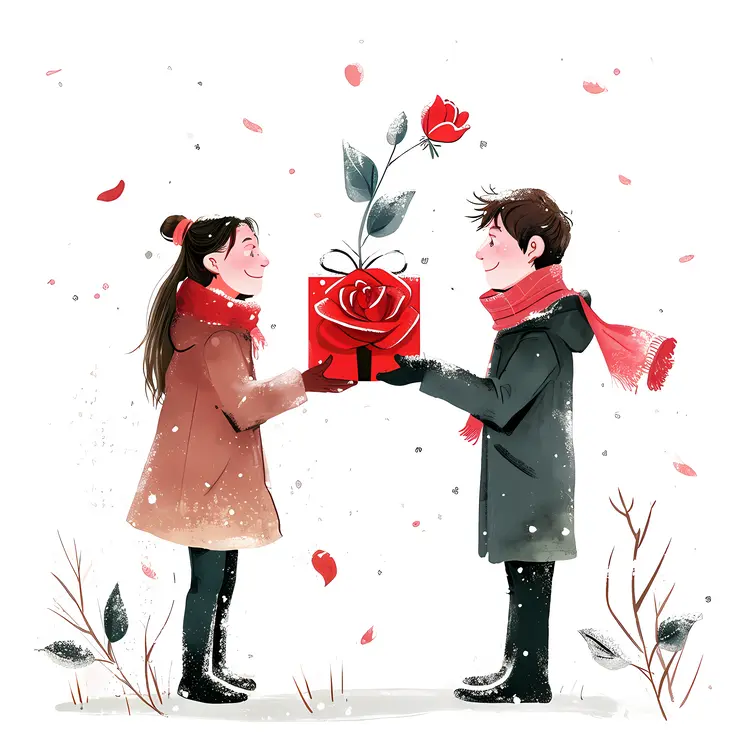 Couple Exchanging Gift with Rose