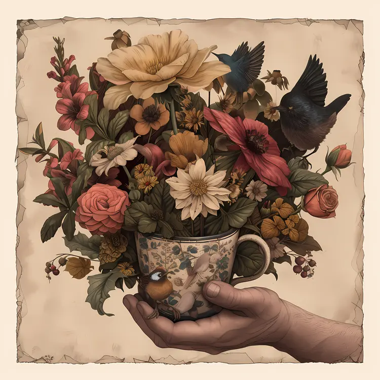 Hand Holding Cup with Flowers and Birds Illustration