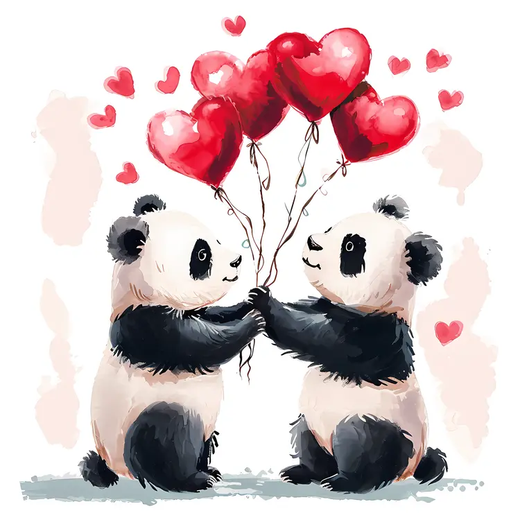 Pandas Holding Heart Balloons