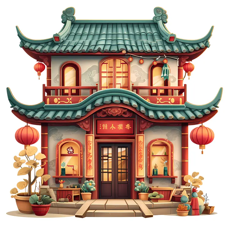 Traditional Chinese House with Lanterns and Plants