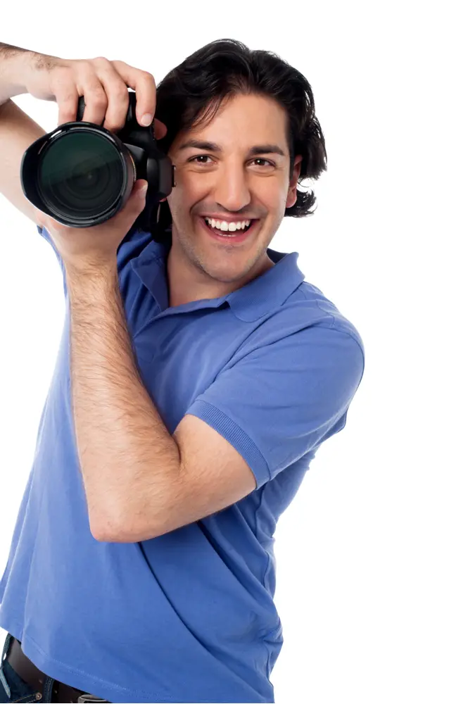 Photographer in Blue Shirt Taking a Picture