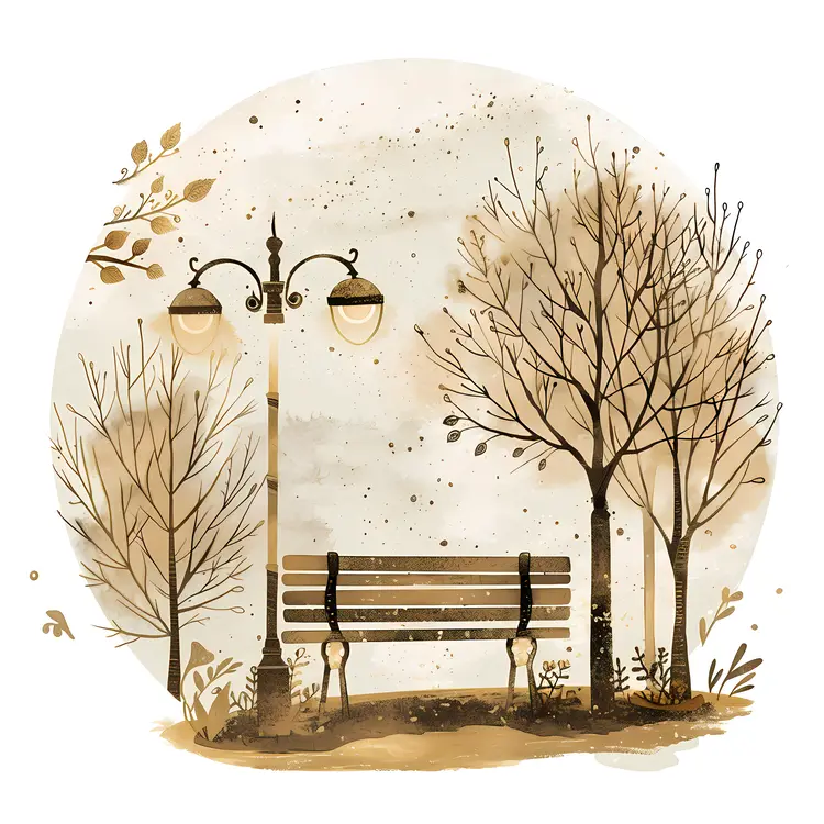 Autumn Park Bench with Lamp Post