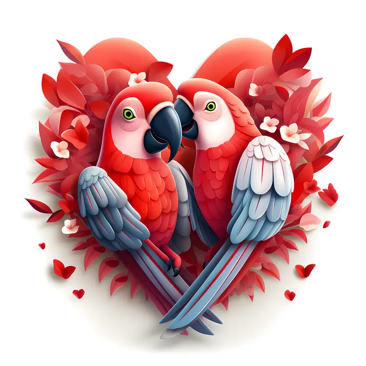 Red Parrots in Heart-Shaped Leaves
