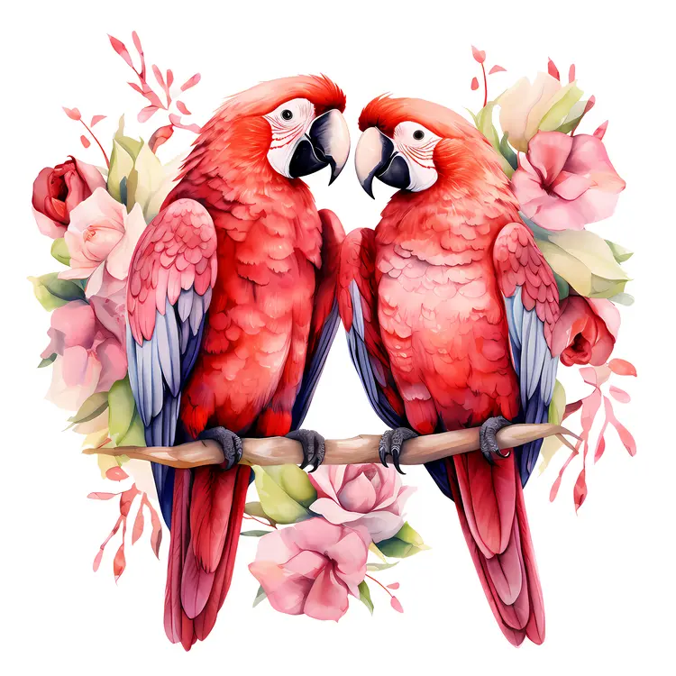 Two Parrots with Flowers