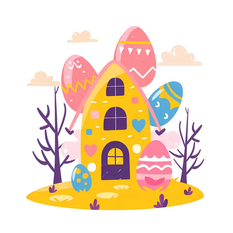 Colorful Yellow House with Easter Eggs and Trees