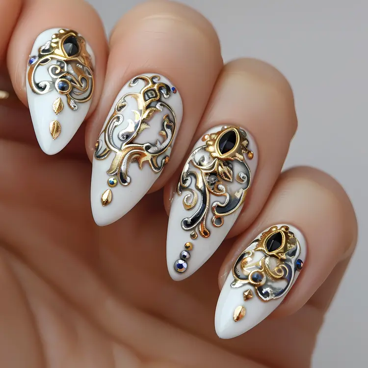 Luxurious Ornate Nail Art with Gold and Jewels