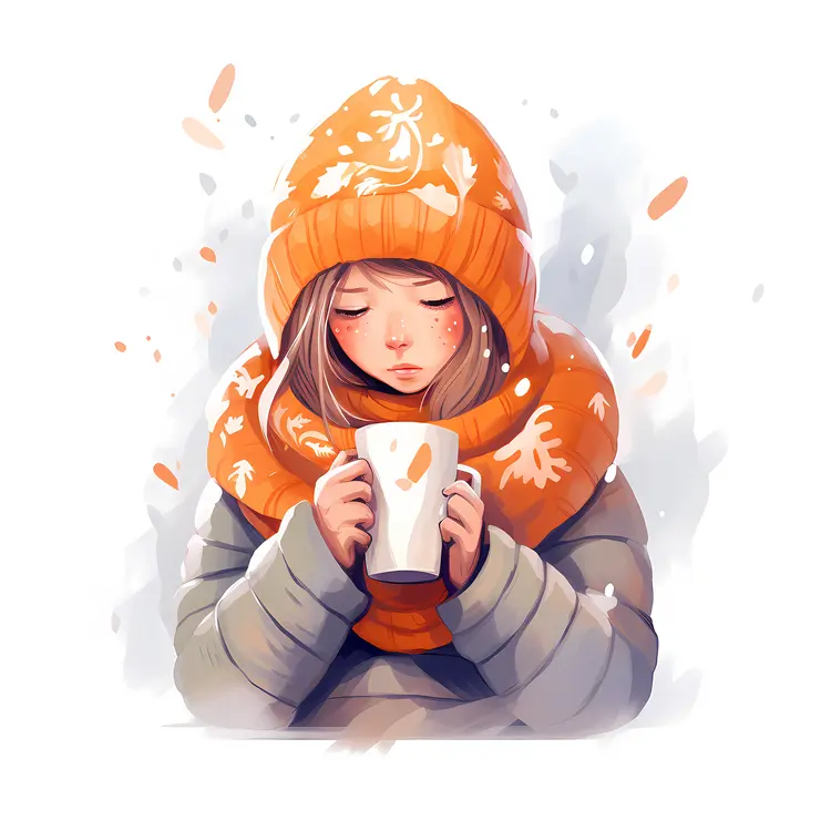 Girl in Winter Clothes with Orange Hat and Mug